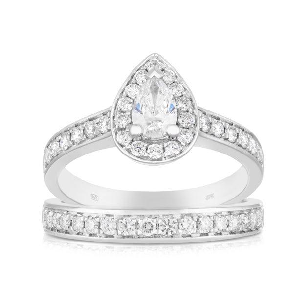 1.00ct TW Pear Cut Diamond Halo Engagement & Wedding Bridal Set Rings in 18ct White Gold