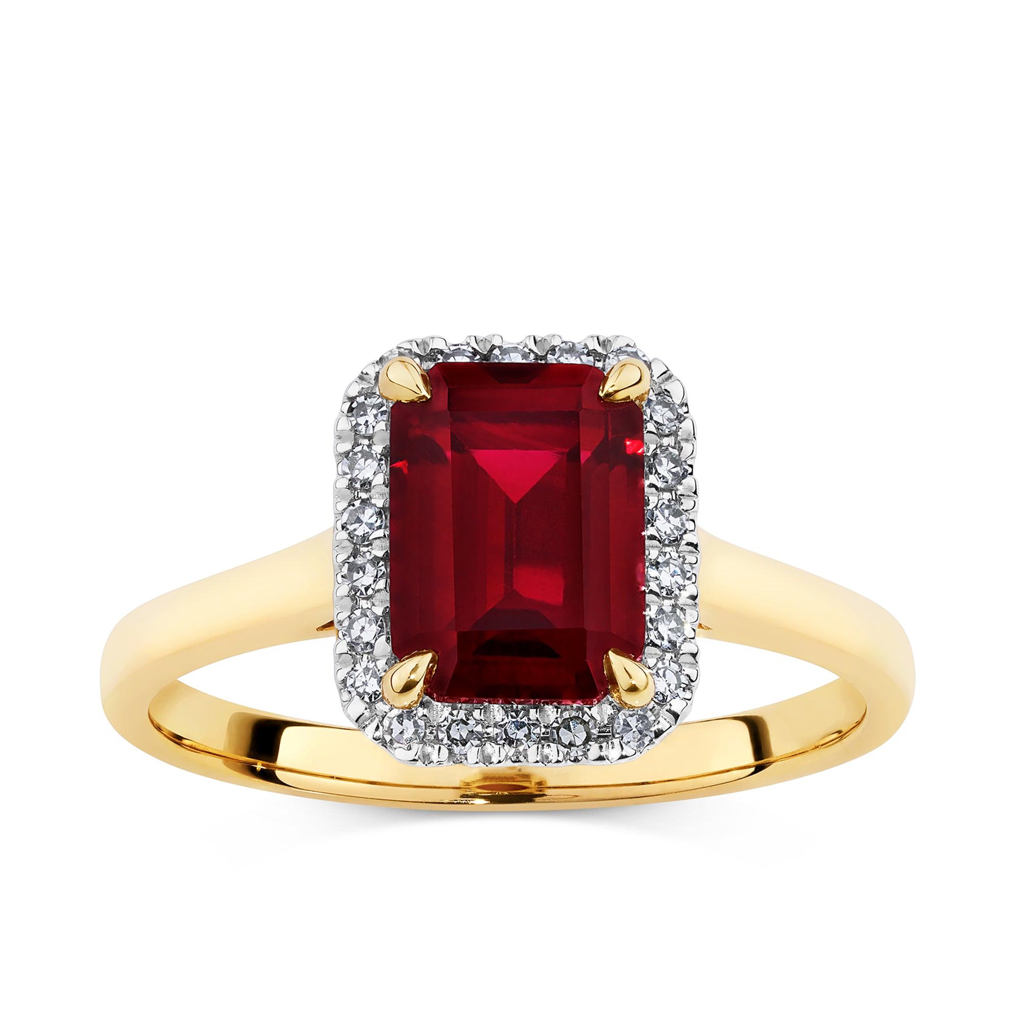 Created Ruby & 0.11ct TW Diamond Halo Ring in 9ct Yellow Gold