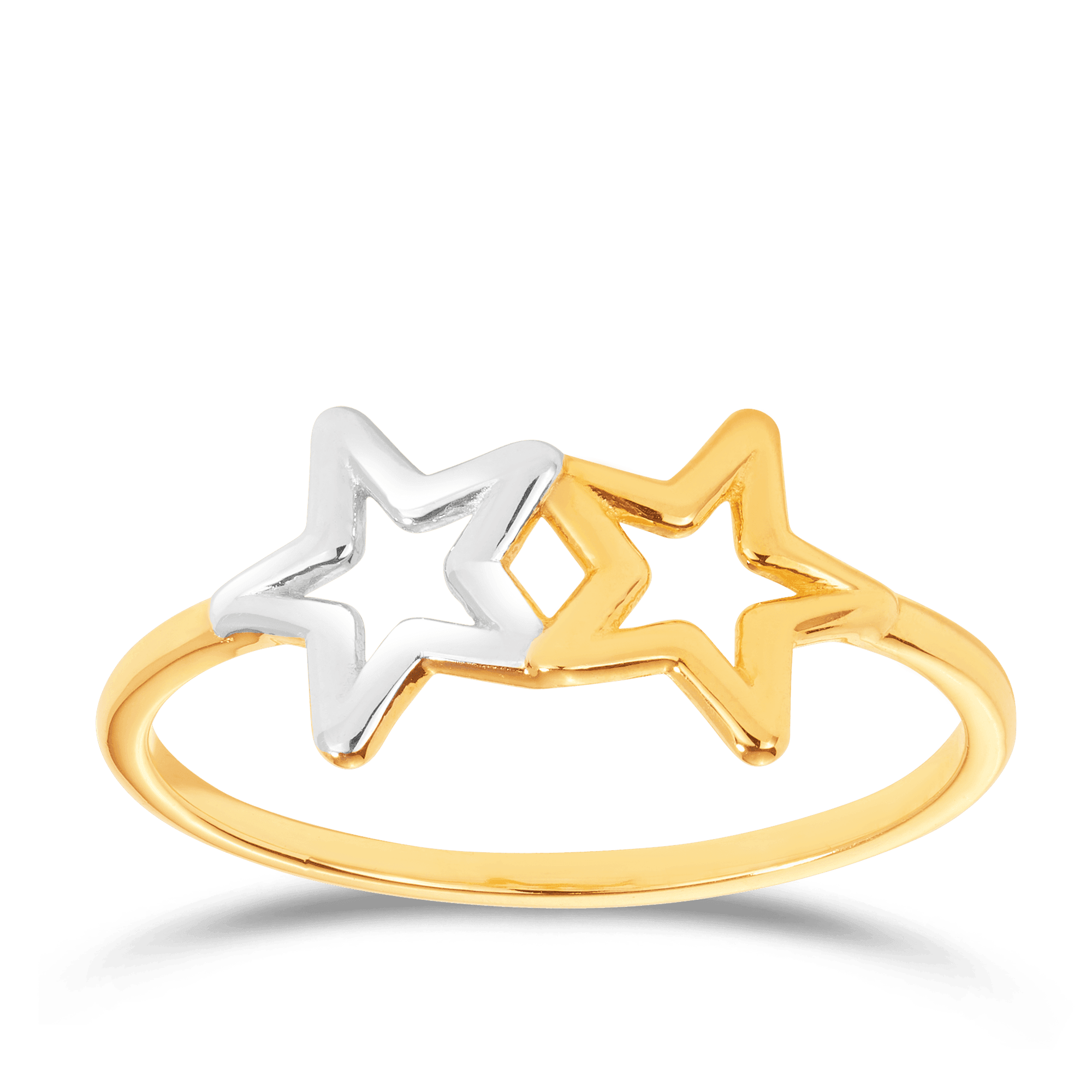 Rhodium Dipped Double Star Ring in 9ct Yellow Gold